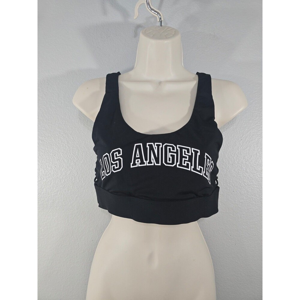 Pink Victoria’s Secret black strappy Sports Bra Sz Small Los Angeles Spellout